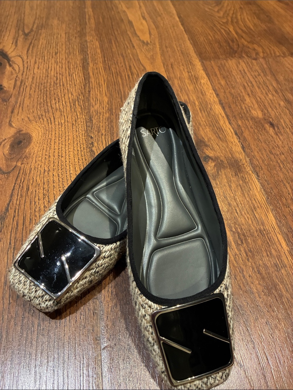 Franco Sarto Beige Tweed Ballet Flats with Black Patent Buckle